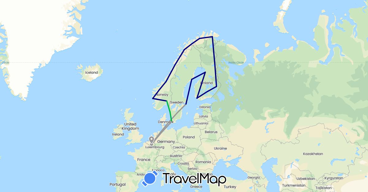 TravelMap itinerary: driving, bus, plane in Belgium, Denmark, Finland, Norway, Sweden (Europe)